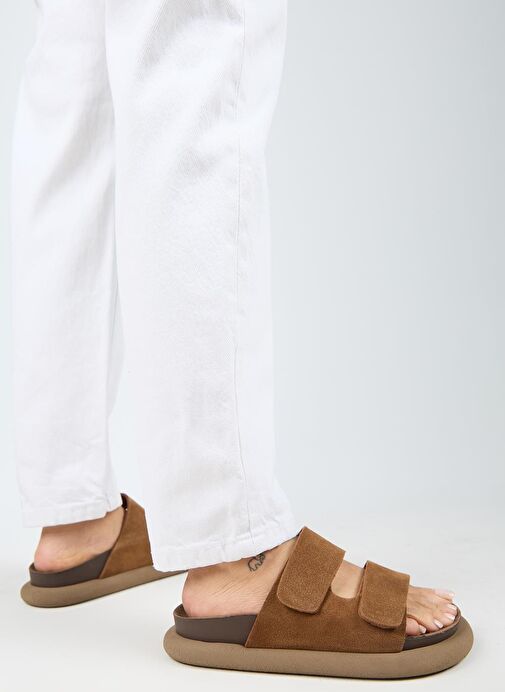 Manijero Lillo Kadın Hakiki Deri Çift Cırtlı Taba Terlik - Görsel 7