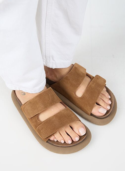 Manijero Lillo Kadın Hakiki Deri Çift Cırtlı Taba Terlik - Görsel 4