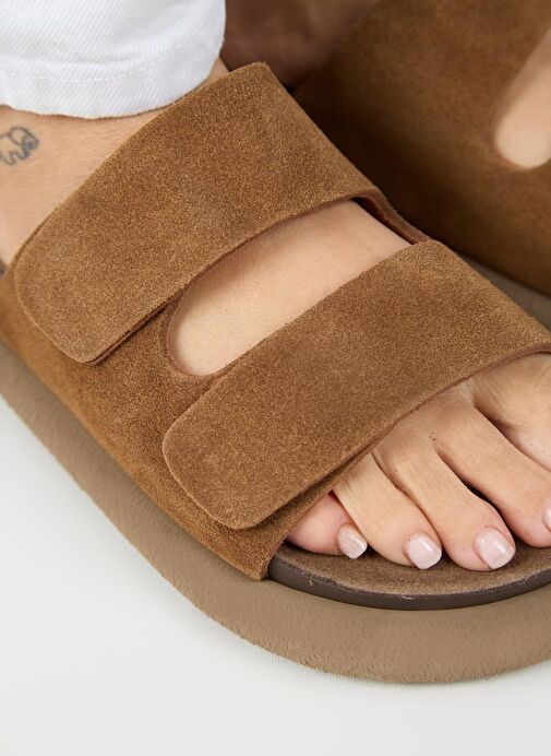 Manijero Lillo Kadın Hakiki Deri Çift Cırtlı Taba Terlik - Görsel 5