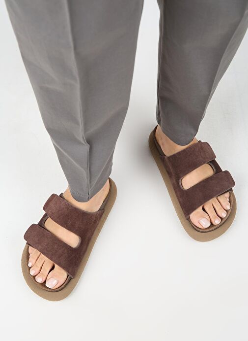 Manijero Lillo Kadın Hakiki Deri Çift Cırtlı Açık Kahve Terlik - Görsel 8