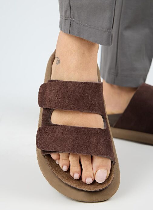 Manijero Lillo Kadın Hakiki Deri Çift Cırtlı Açık Kahve Terlik - Görsel 2