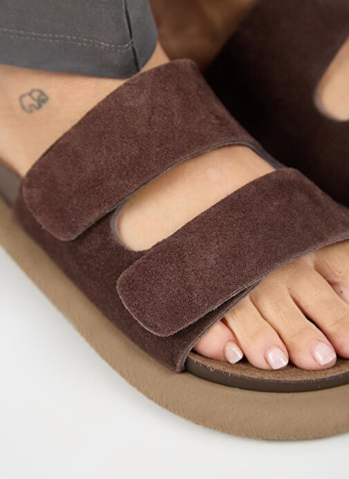 Manijero Lillo Kadın Hakiki Deri Çift Cırtlı Açık Kahve Terlik - Görsel 5