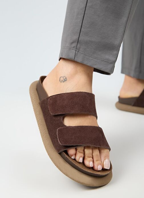 Manijero Lillo Kadın Hakiki Deri Çift Cırtlı Açık Kahve Terlik - Görsel 6