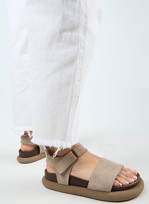 Manijero Bronx Kadın Hakiki Deri Atkılı Cırtlı Vizon Sandalet - Görsel 8