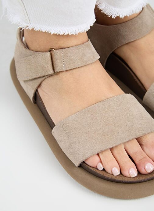 Manijero Bronx Kadın Hakiki Deri Atkılı Cırtlı Vizon Sandalet - Görsel 5