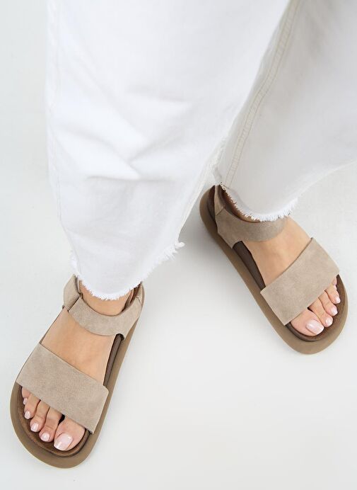 Manijero Bronx Kadın Hakiki Deri Atkılı Cırtlı Vizon Sandalet - Görsel 9