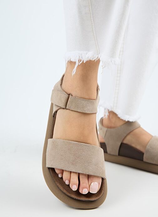 Manijero Bronx Kadın Hakiki Deri Atkılı Cırtlı Vizon Sandalet - Görsel 6