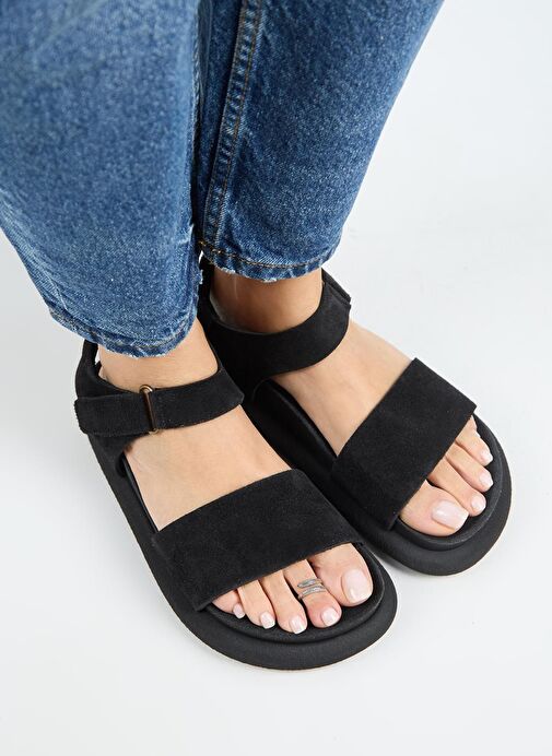 Manijero Bronx Kadın Hakiki Deri Atkılı Cırtlı Siyah Sandalet - Görsel 4