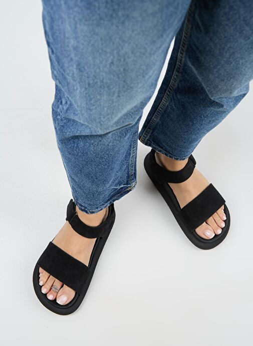 Manijero Bronx Kadın Hakiki Deri Atkılı Cırtlı Siyah Sandalet - Görsel 9