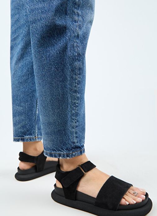 Manijero Bronx Kadın Hakiki Deri Atkılı Cırtlı Siyah Sandalet - Görsel 8