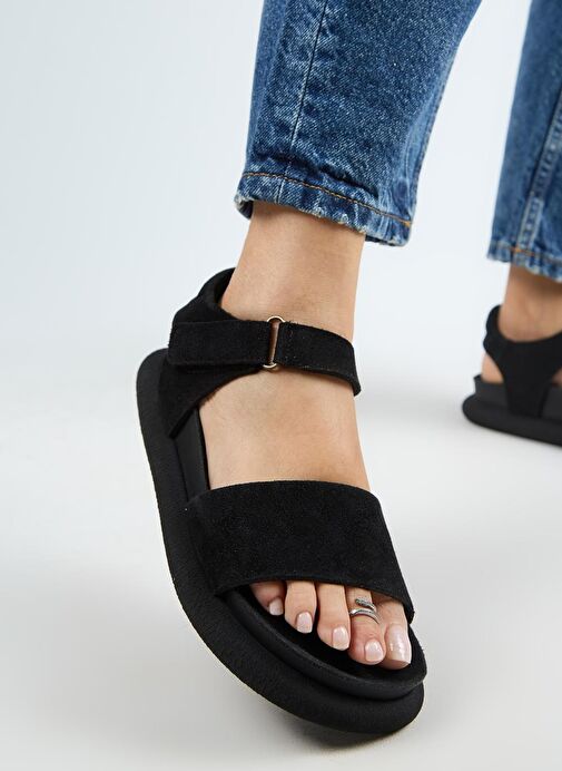 Manijero Bronx Kadın Hakiki Deri Atkılı Cırtlı Siyah Sandalet - Görsel 6