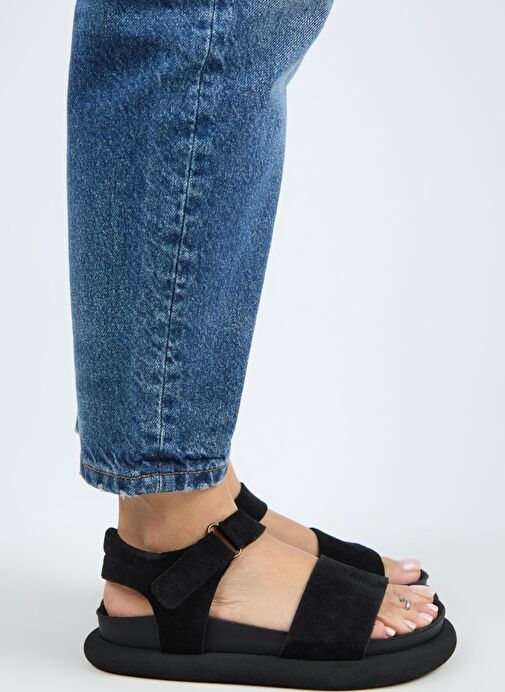 Manijero Bronx Kadın Hakiki Deri Atkılı Cırtlı Siyah Sandalet - Görsel 3