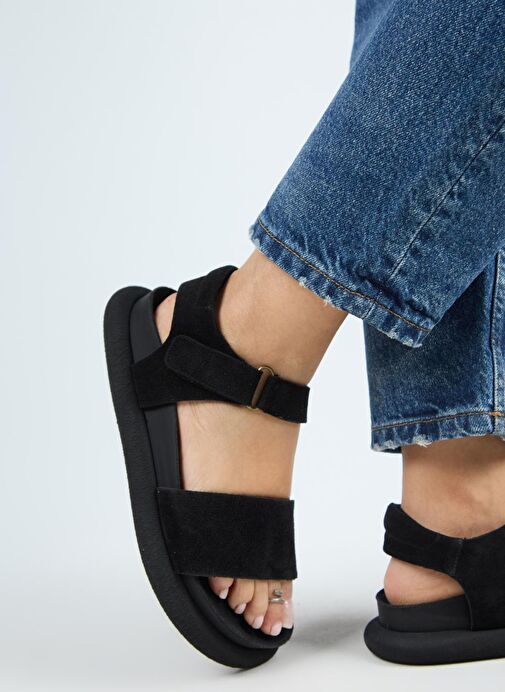 Manijero Bronx Kadın Hakiki Deri Atkılı Cırtlı Siyah Sandalet - Görsel 2