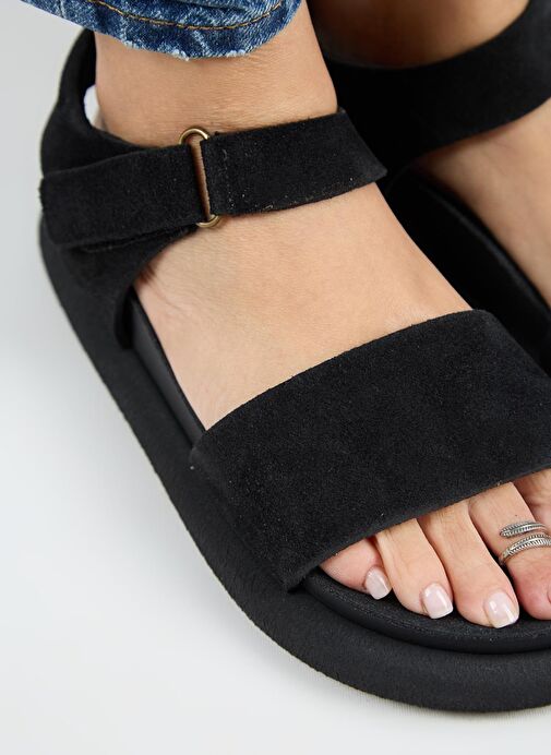 Manijero Bronx Kadın Hakiki Deri Atkılı Cırtlı Siyah Sandalet - Görsel 5