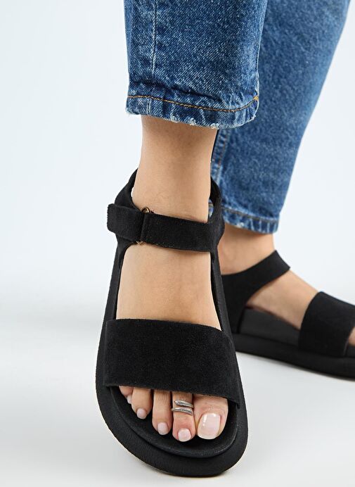 Manijero Bronx Kadın Hakiki Deri Atkılı Cırtlı Siyah Sandalet - Görsel 7