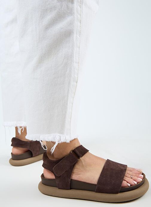 Manijero Bronx Kadın Hakiki Deri Atkılı Cırtlı Açık Kahve Sandalet - Görsel 7