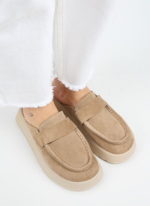 Manijero Tale Kadın Hakiki Deri Kuşaklı Sabo Vizon Terlik - Görsel 4