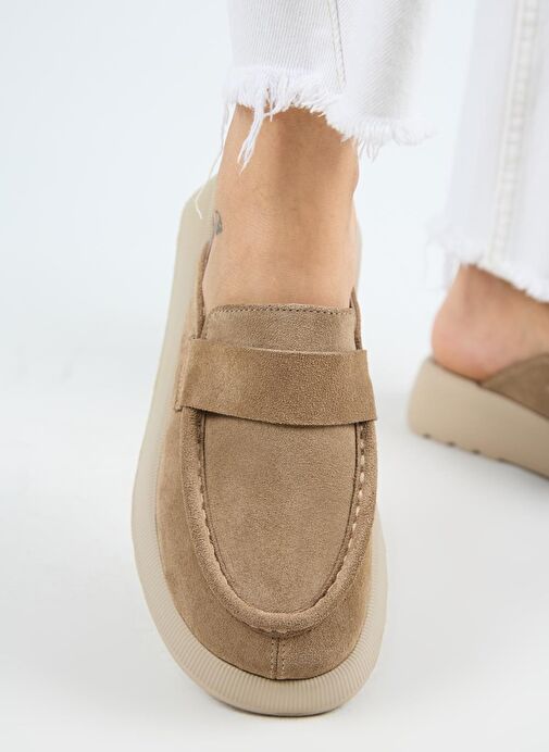 Manijero Tale Kadın Hakiki Deri Kuşaklı Sabo Vizon Terlik - Görsel 7