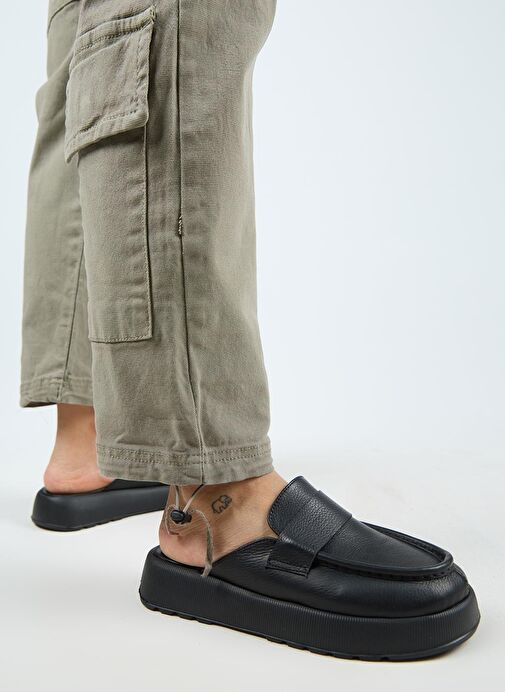 Manijero Tale Kadın Hakiki Deri Kuşaklı Sabo Siyah Terlik - Görsel 8