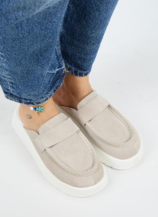 Manijero Tale Kadın Hakiki Deri Kuşaklı Sabo Bej Terlik - Görsel 4