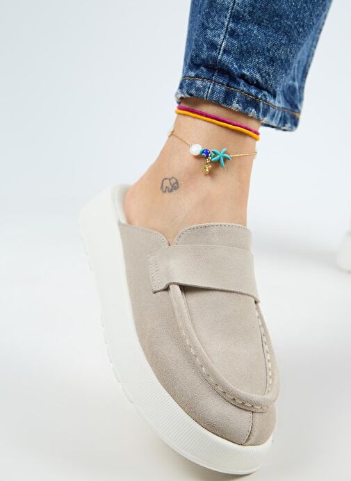 Manijero Tale Kadın Hakiki Deri Kuşaklı Sabo Bej Terlik - Görsel 6