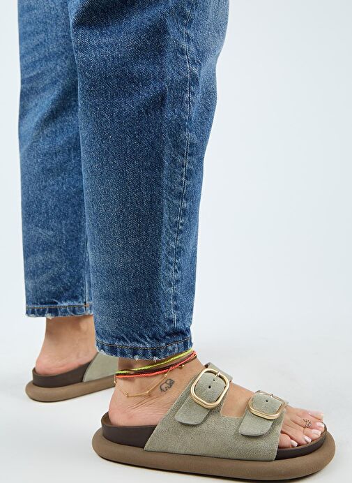 Manijero Lavanda Kadın Hakiki Deri Çift Tokalı Su Yeşili Terlik - Görsel 7