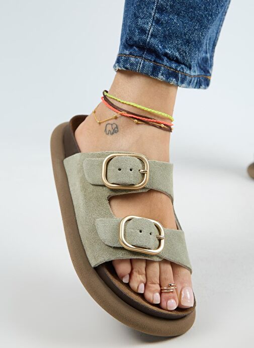 Manijero Lavanda Kadın Hakiki Deri Çift Tokalı Su Yeşili Terlik - Görsel 6