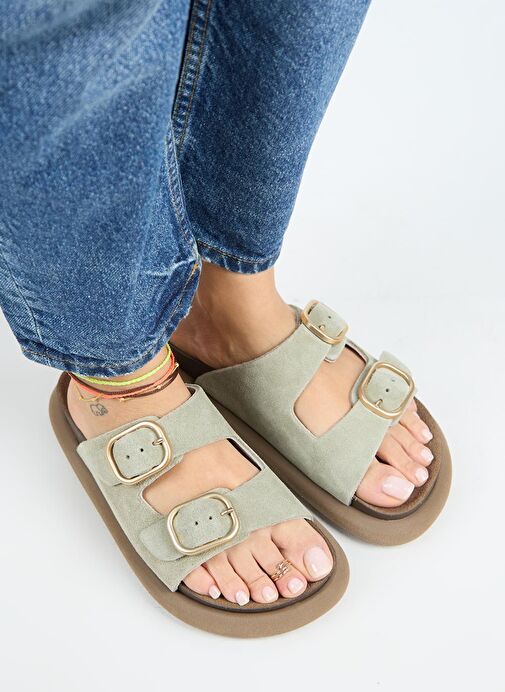 Manijero Lavanda Kadın Hakiki Deri Çift Tokalı Su Yeşili Terlik - Görsel 4