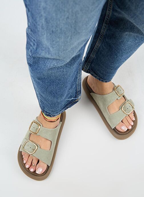 Manijero Lavanda Kadın Hakiki Deri Çift Tokalı Su Yeşili Terlik - Görsel 8