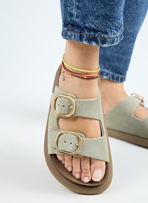 Manijero Lavanda Kadın Hakiki Deri Çift Tokalı Su Yeşili Terlik - Görsel 2