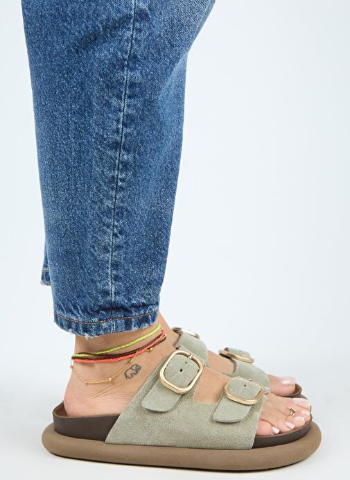 Manijero Lavanda Kadın Hakiki Deri Çift Tokalı Su Yeşili Terlik - Görsel 3