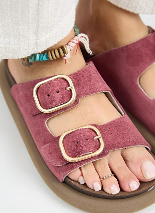 Manijero Lavanda Kadın Hakiki Deri Çift Tokalı Vişne Terlik - Görsel 5