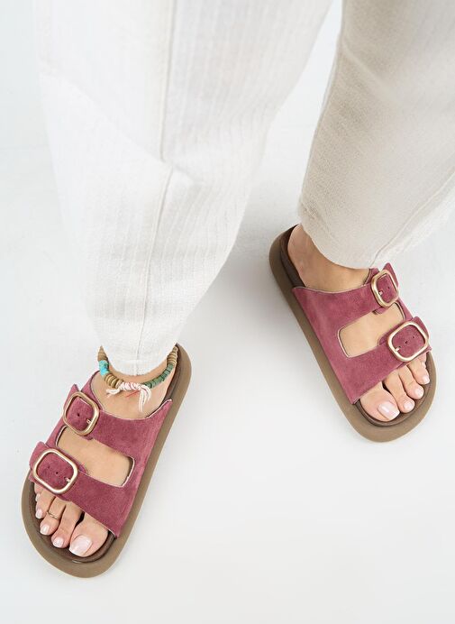 Manijero Lavanda Kadın Hakiki Deri Çift Tokalı Vişne Terlik - Görsel 8