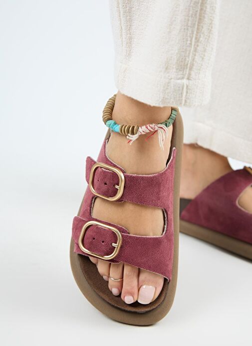 Manijero Lavanda Kadın Hakiki Deri Çift Tokalı Vişne Terlik - Görsel 7