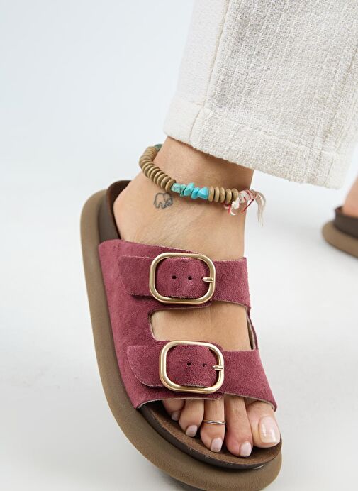 Manijero Lavanda Kadın Hakiki Deri Çift Tokalı Vişne Terlik - Görsel 6