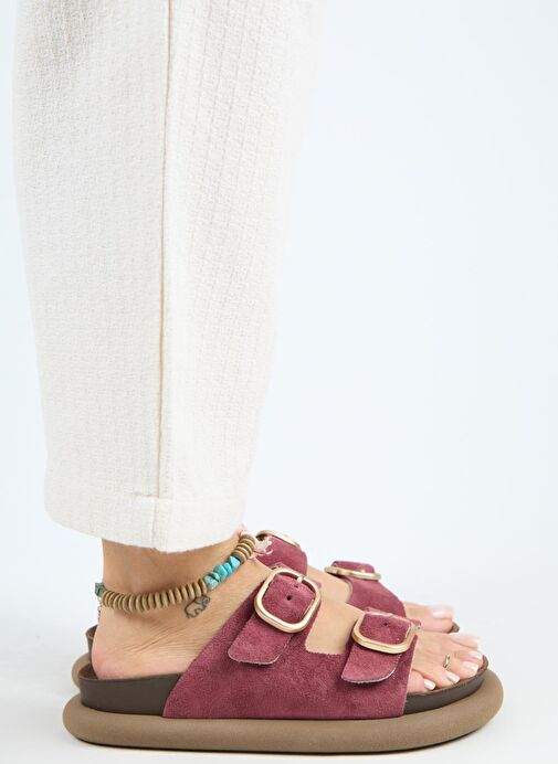 Manijero Lavanda Kadın Hakiki Deri Çift Tokalı Vişne Terlik - Görsel 3