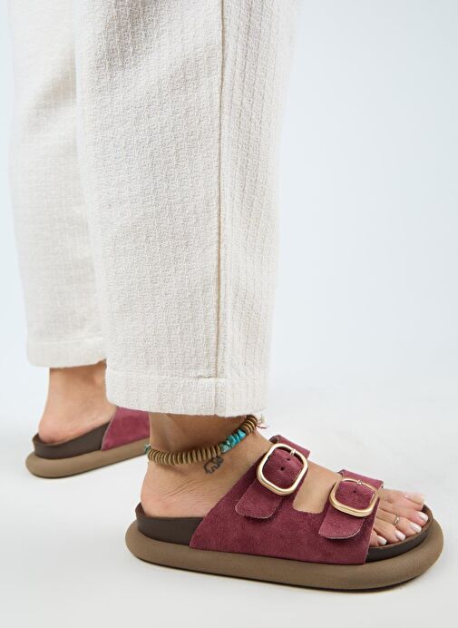 Manijero Lavanda Kadın Hakiki Deri Çift Tokalı Vişne Terlik - Görsel 2