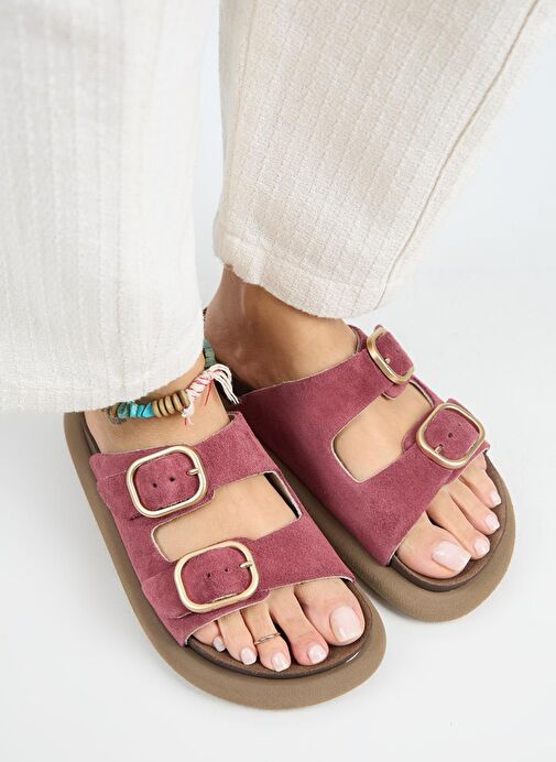 Manijero Lavanda Kadın Hakiki Deri Çift Tokalı Vişne Terlik - Görsel 4