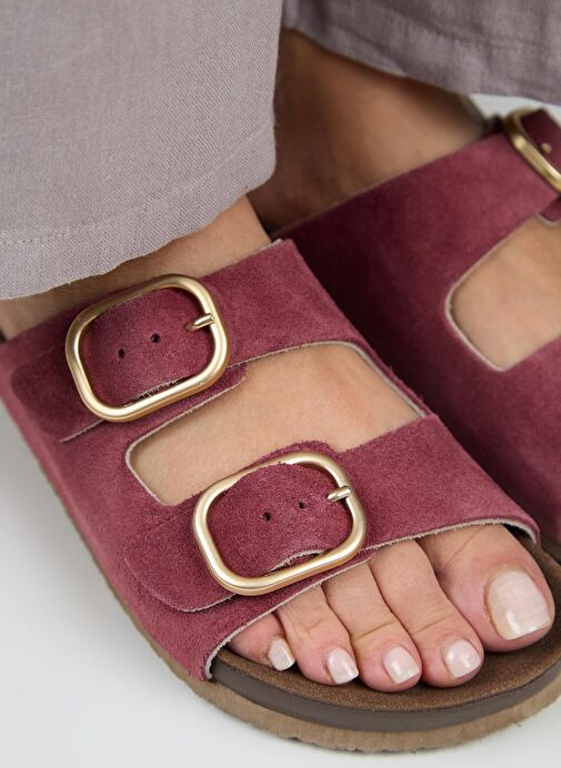 Manijero Jazmin Kadın Hakiki Deri Çift Tokalı Vişne Terlik - Görsel 2