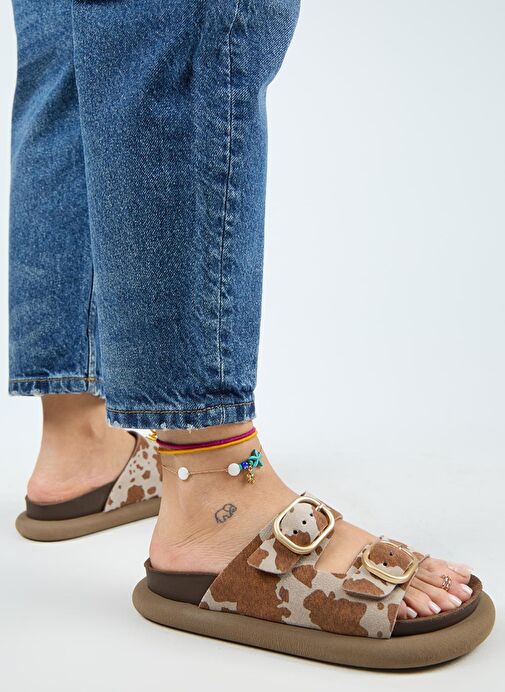 Manijero Nagual Lavanda Kadın Hakiki Deri Çift Tokalı Taba Benekli Terlik - Görsel 7