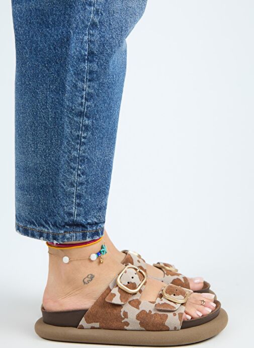 Manijero Nagual Lavanda Kadın Hakiki Deri Çift Tokalı Taba Benekli Terlik - Görsel 3