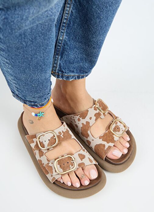 Manijero Nagual Lavanda Kadın Hakiki Deri Çift Tokalı Taba Benekli Terlik - Görsel 4