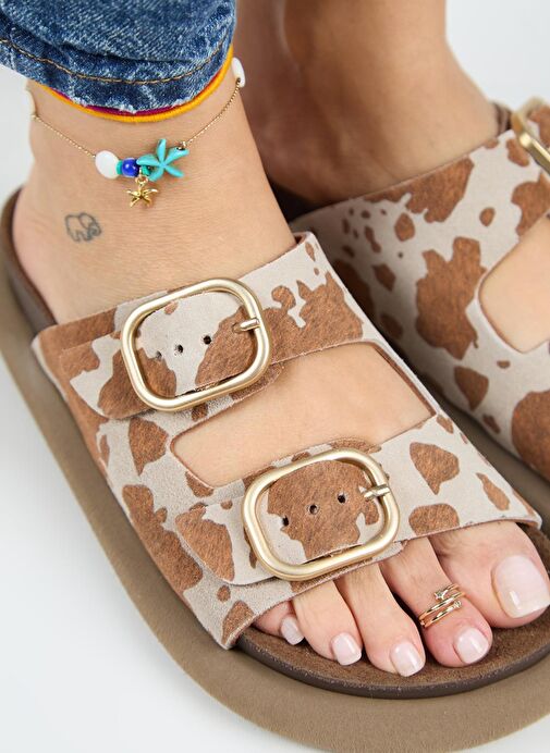 Manijero Nagual Lavanda Kadın Hakiki Deri Çift Tokalı Taba Benekli Terlik - Görsel 5