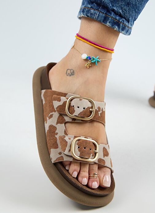 Manijero Nagual Lavanda Kadın Hakiki Deri Çift Tokalı Taba Benekli Terlik - Görsel 6