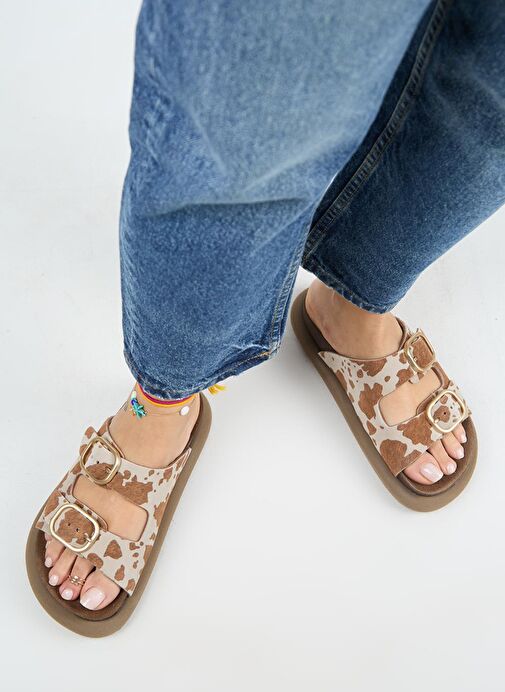 Manijero Nagual Lavanda Kadın Hakiki Deri Çift Tokalı Taba Benekli Terlik - Görsel 8