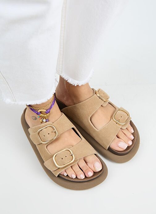 Manijero Lavanda Kadın Hakiki Deri Çift Tokalı Kum Terlik - Görsel 2