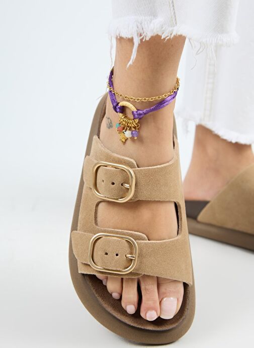 Manijero Lavanda Kadın Hakiki Deri Çift Tokalı Kum Terlik - Görsel 6