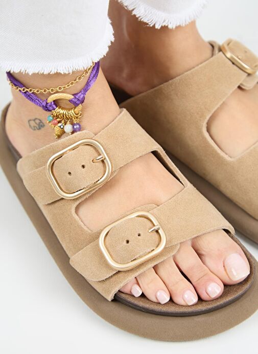 Manijero Lavanda Kadın Hakiki Deri Çift Tokalı Kum Terlik - Görsel 4