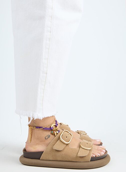 Manijero Lavanda Kadın Hakiki Deri Çift Tokalı Kum Terlik - Görsel 3