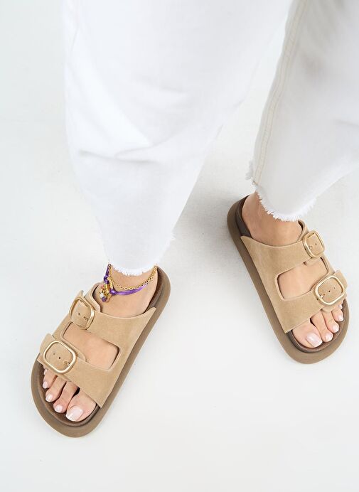 Manijero Lavanda Kadın Hakiki Deri Çift Tokalı Kum Terlik - Görsel 8